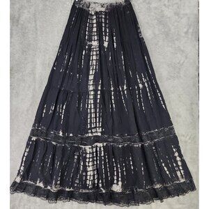 Womens Skirt Small Black Tie Dye Laced Trim Boho Hippie Flowy Beach Maxi